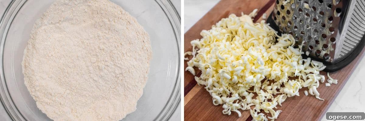 Raspberry White Chocolate Scones Recipe for Perfect Tea-Time Baking 4 process shots of mixing dry ingredients in bowl and shredding butter on cutting board