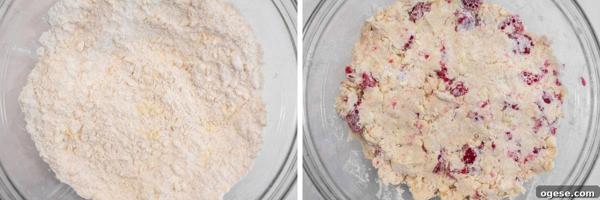 Raspberry White Chocolate Scones Recipe for Perfect Tea-Time Baking 5 process shots of mixing butter in bowl before adding remaining ingredients