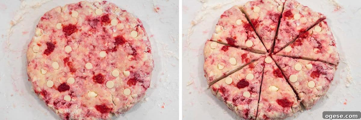 Raspberry White Chocolate Scones Recipe for Perfect Tea-Time Baking 6 process shots of forming dough in circle before cutting into 8 slices