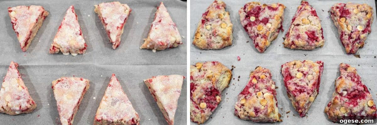 Raspberry White Chocolate Scones Recipe for Perfect Tea-Time Baking 7 process shots of adding scones to baking sheet, brushing with cream and baking