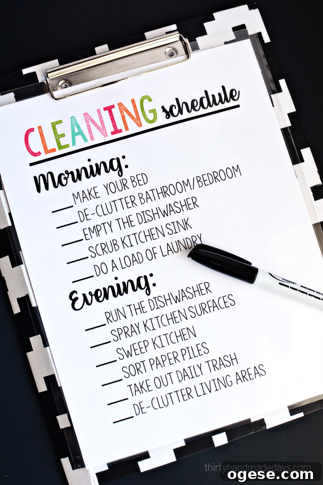 Printable Cleaning Schedule - simple way to keep on top of daily chores. Use a dry erase marker to check each item off each day.