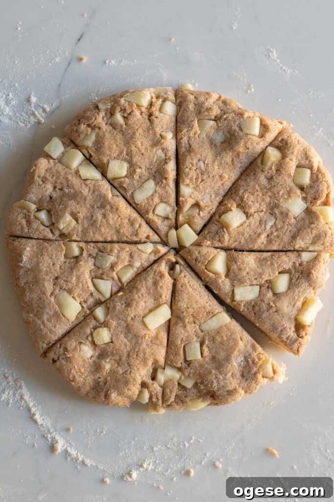 Apple Cinnamon Scones with Crunchy Cinnamon Topping 6 round disc of apple cinnamon scone dough cut into wedges
