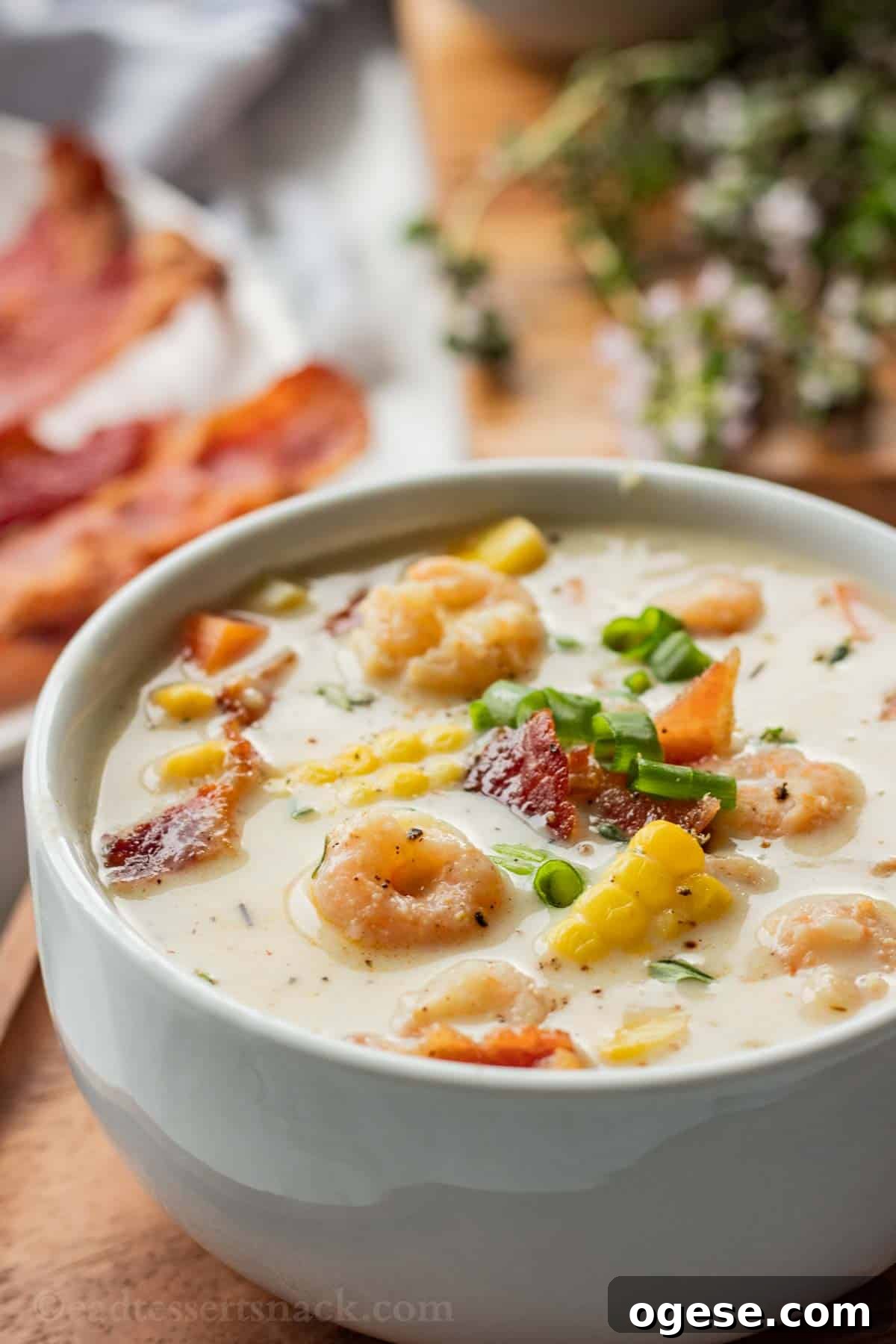 Cooked Shrimp Corn Chowder in white bowl.