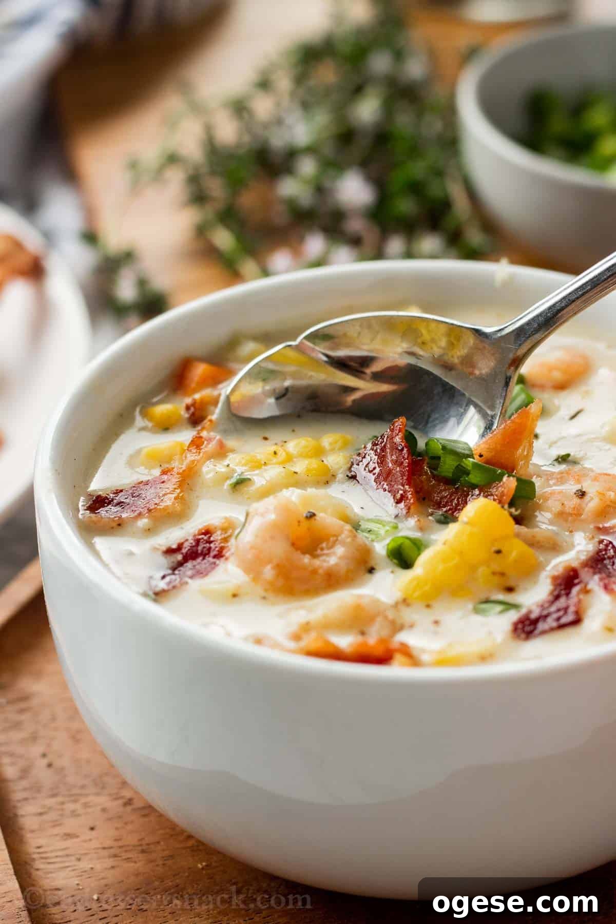 Scalloped spoon dipping into white bowl of shrimp corn chowder.