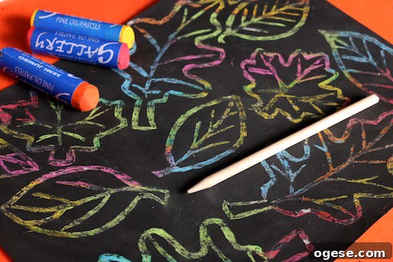 Leaf Scratch art, pastels wood stick