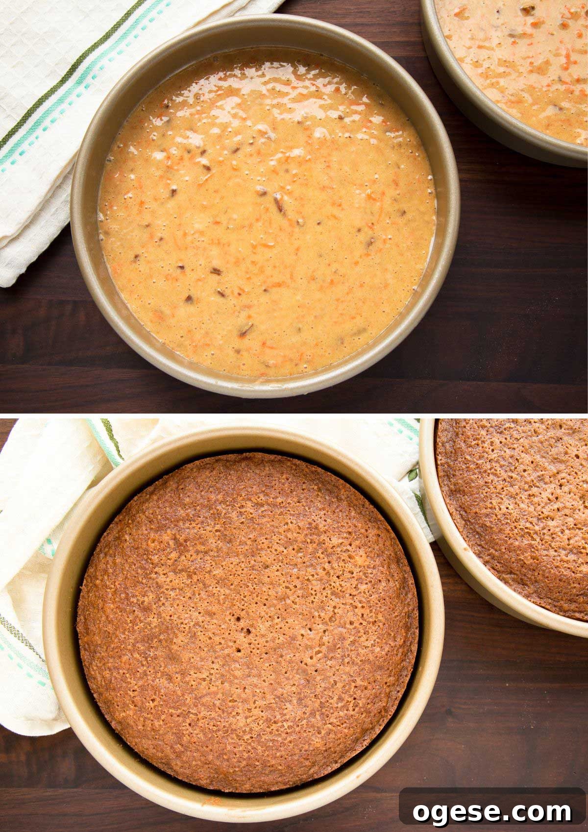 top photo: unbaked carrot cake in a round cake pan; bottom photo: baked carrot cake in a round cake pan