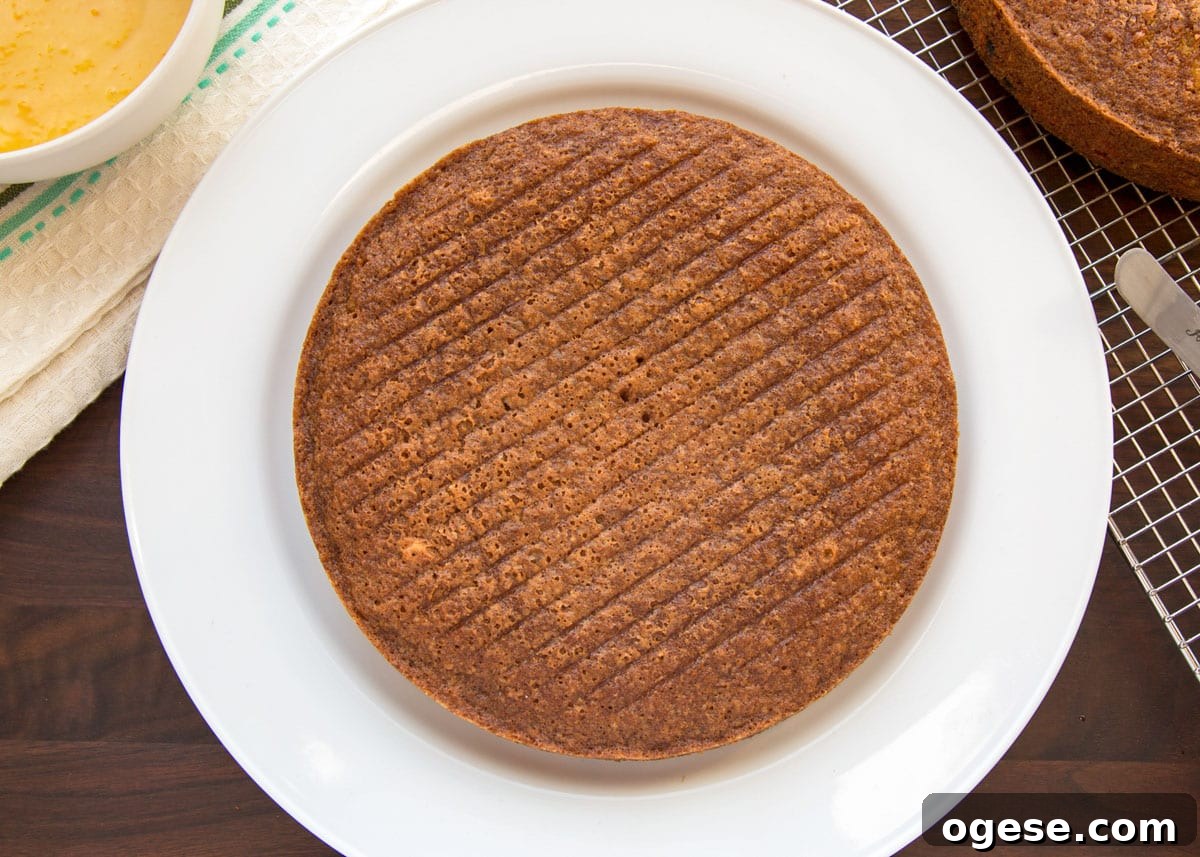 single baked carrot cake layer on a white plate