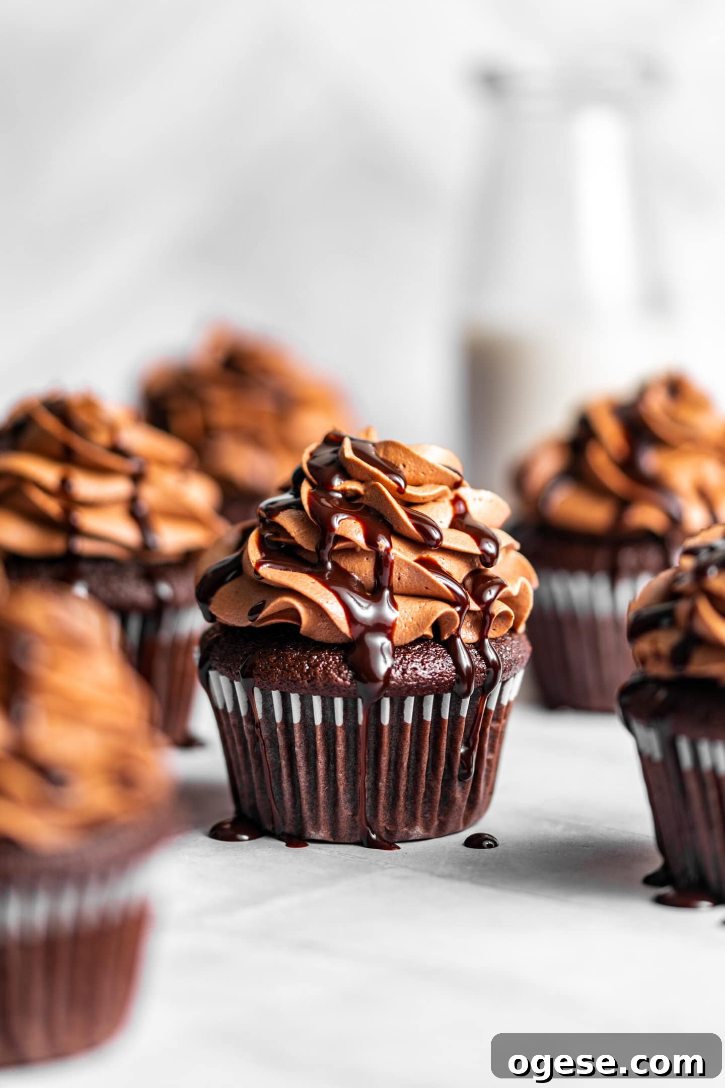 Chocolate fudge buttercream piped on top of chocolate cupcakes.
