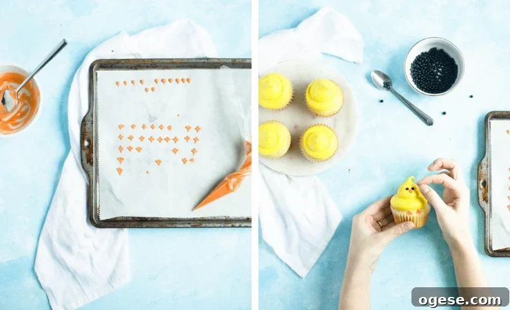 Step-by-step photos for making chick cupcakes
