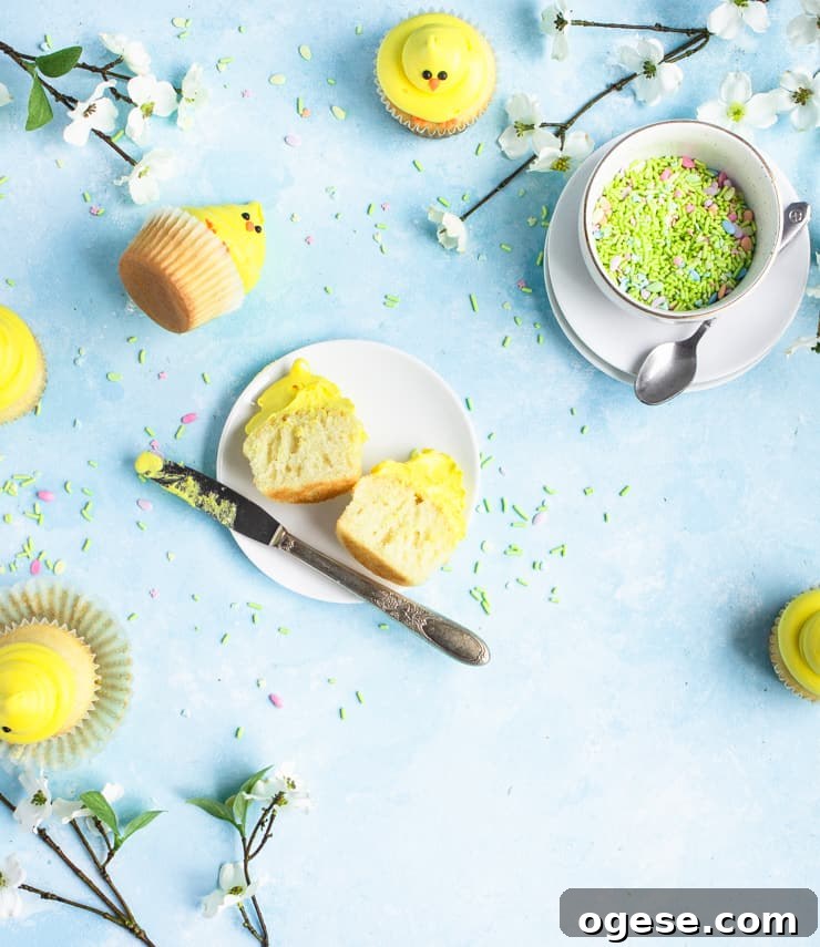 A cupcake is cut in half on a plate with cupcakes, sprinkles and flowers strewn around a blue backdrop.