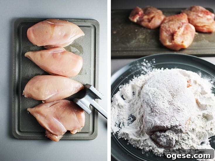 Chicken breasts being pounded flat and dredged in flour for Buffalo chicken breast burgers