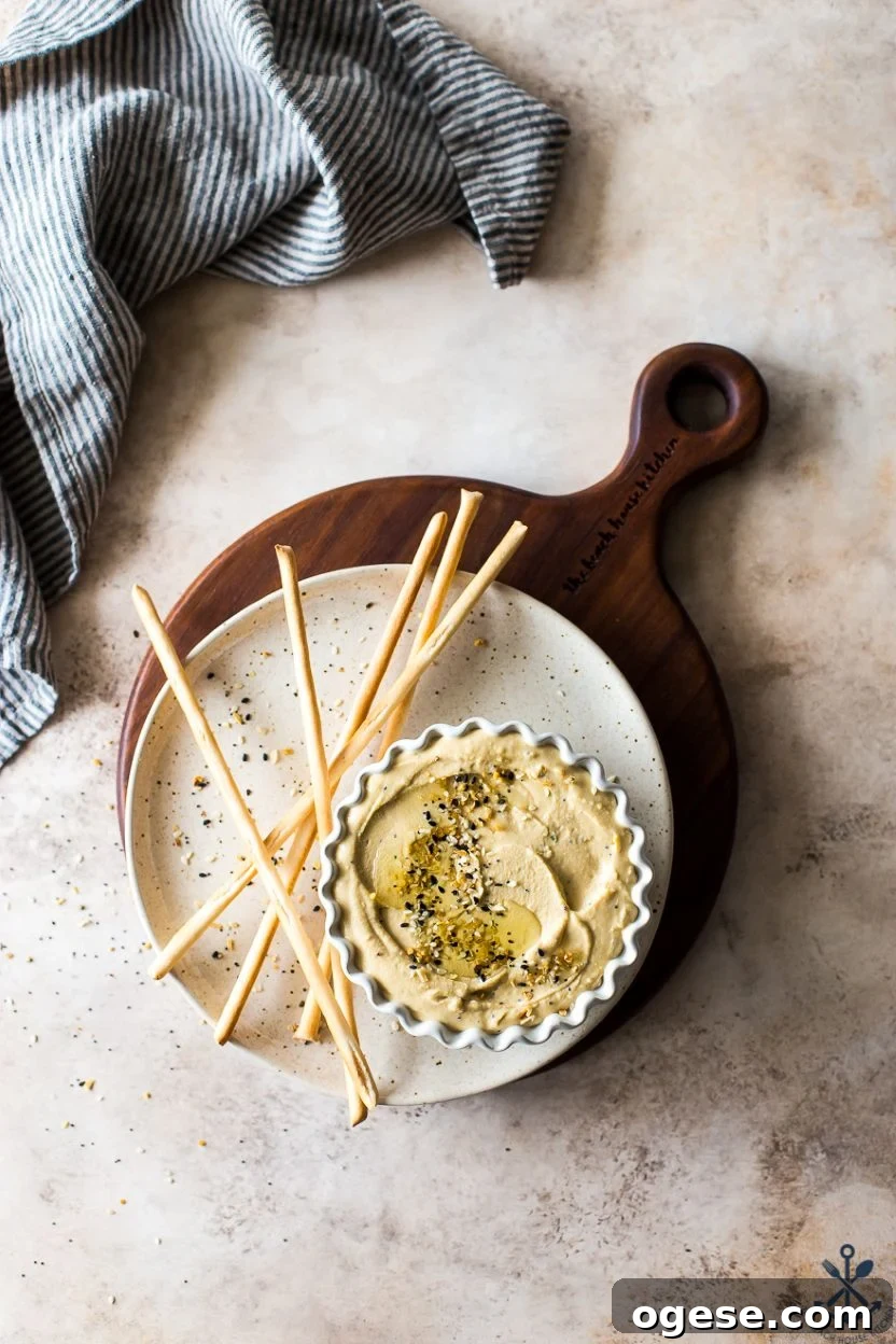 Ultimate Guide to Hummus: Recipes, Tips, and Serving Ideas 3 Overhead photo of a dish of hummus on a plate with thin breadsticks