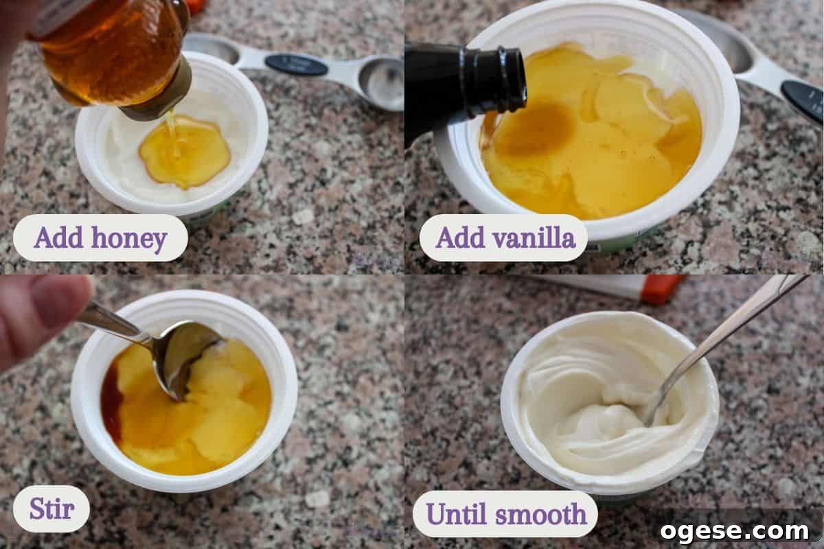 Step-by-step images showing the preparation of yogurt dip on a granite countertop.