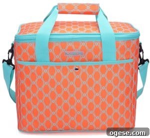A orange and blue cooler bag.