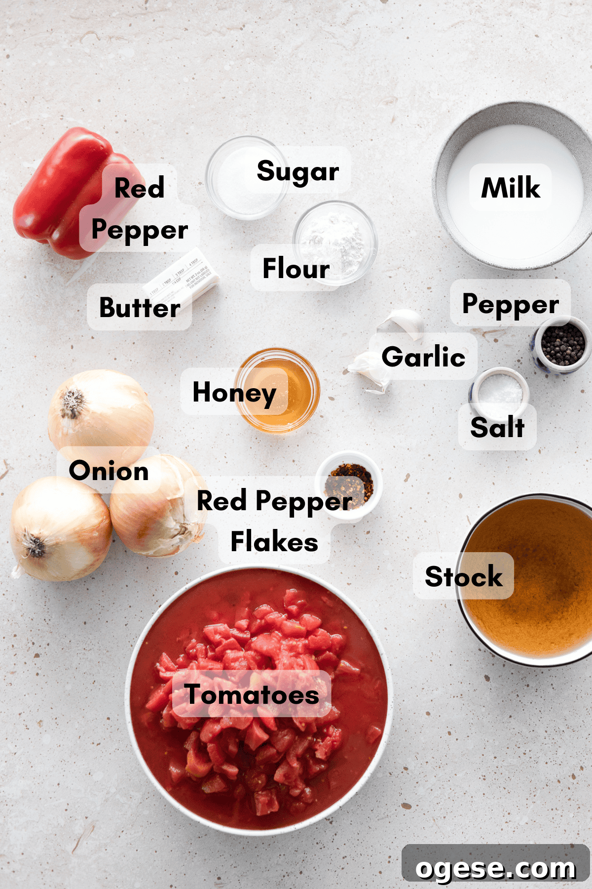 Roasted Red Pepper and Tomato Soup Recipe for Cozy Weeknights 3 Ingredients for Roasted Red Pepper and Tomato Soup in small bowls.