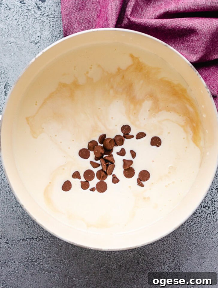 Decadent Chocolate Chip Hot Chocolate Recipe 3 Milk, chocolate chips, and vanilla in a saucepan.
