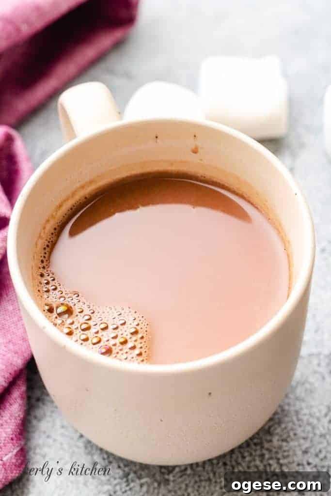 Decadent Chocolate Chip Hot Chocolate Recipe 5 The hot cocoa transferred to a coffee cup.