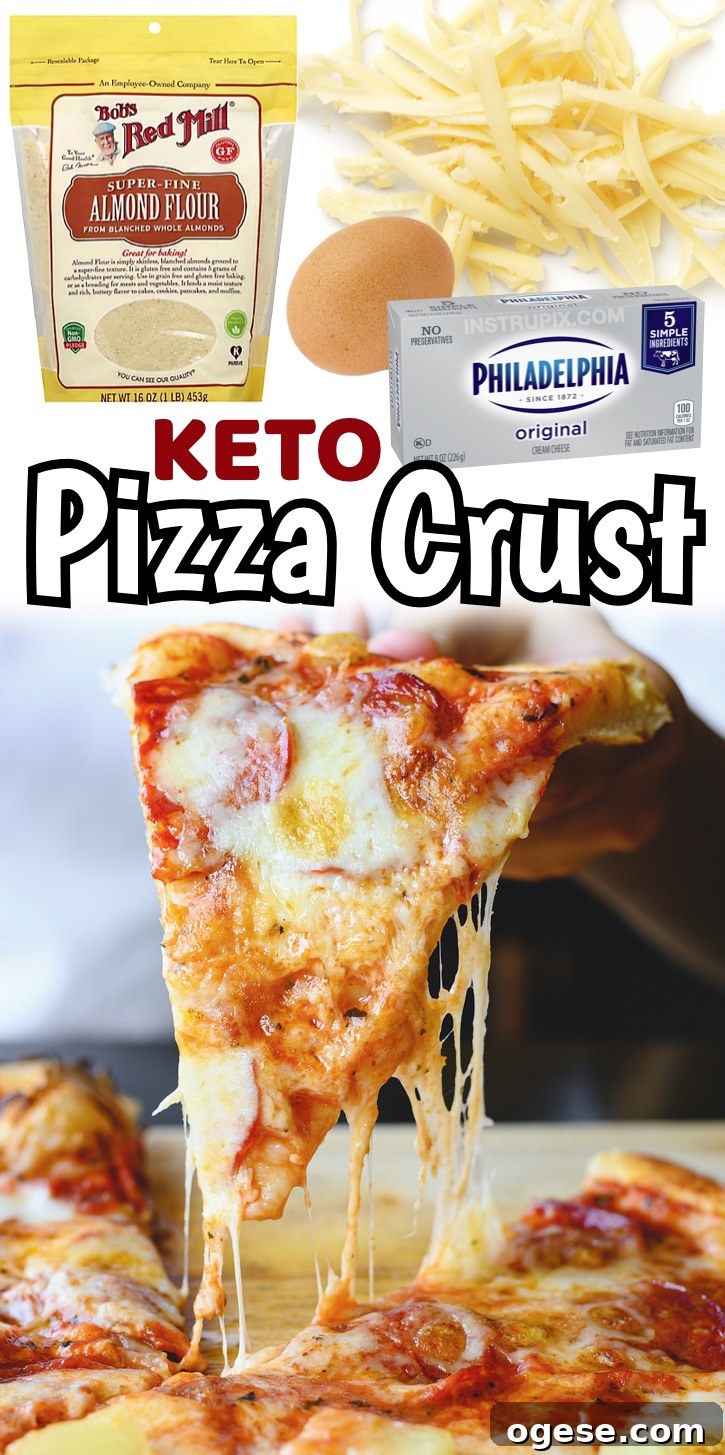 The best keto pizza crust made with just almond flour, cream cheese, mozzarella, and egg!