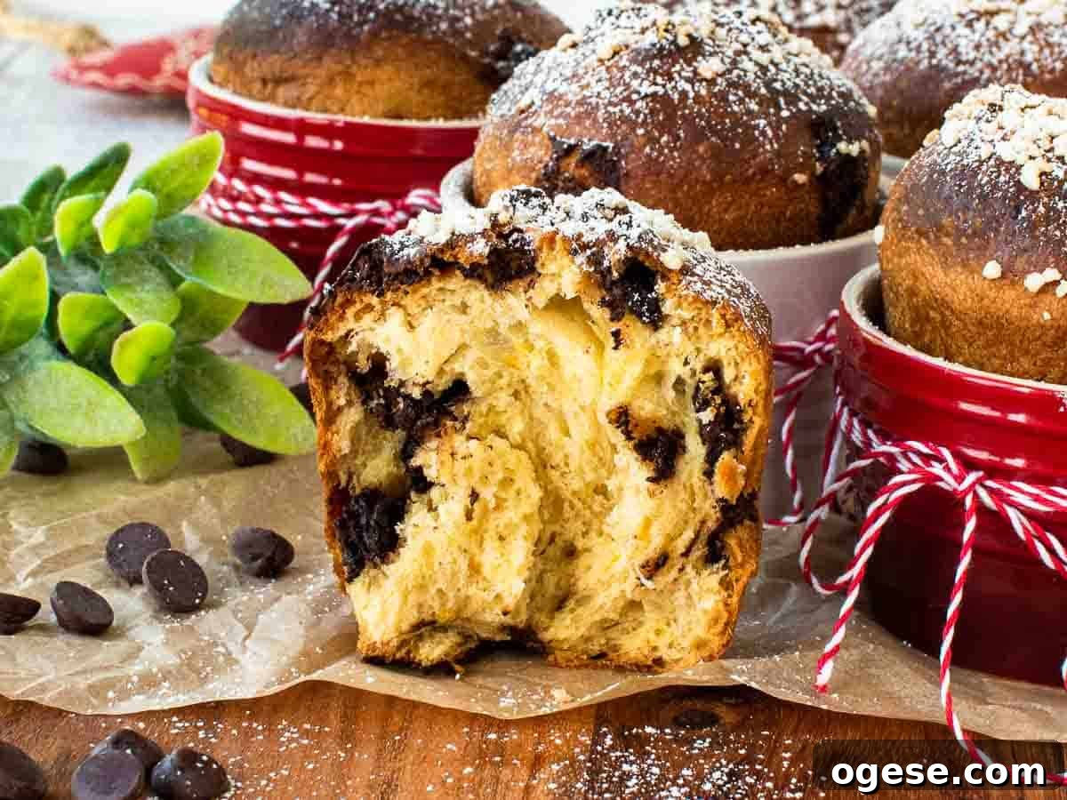 Chocolate Panettone: Decadent Italian Holiday Cake Recipe 7 Close up of small bun broken in half showing chocolate chips inside.