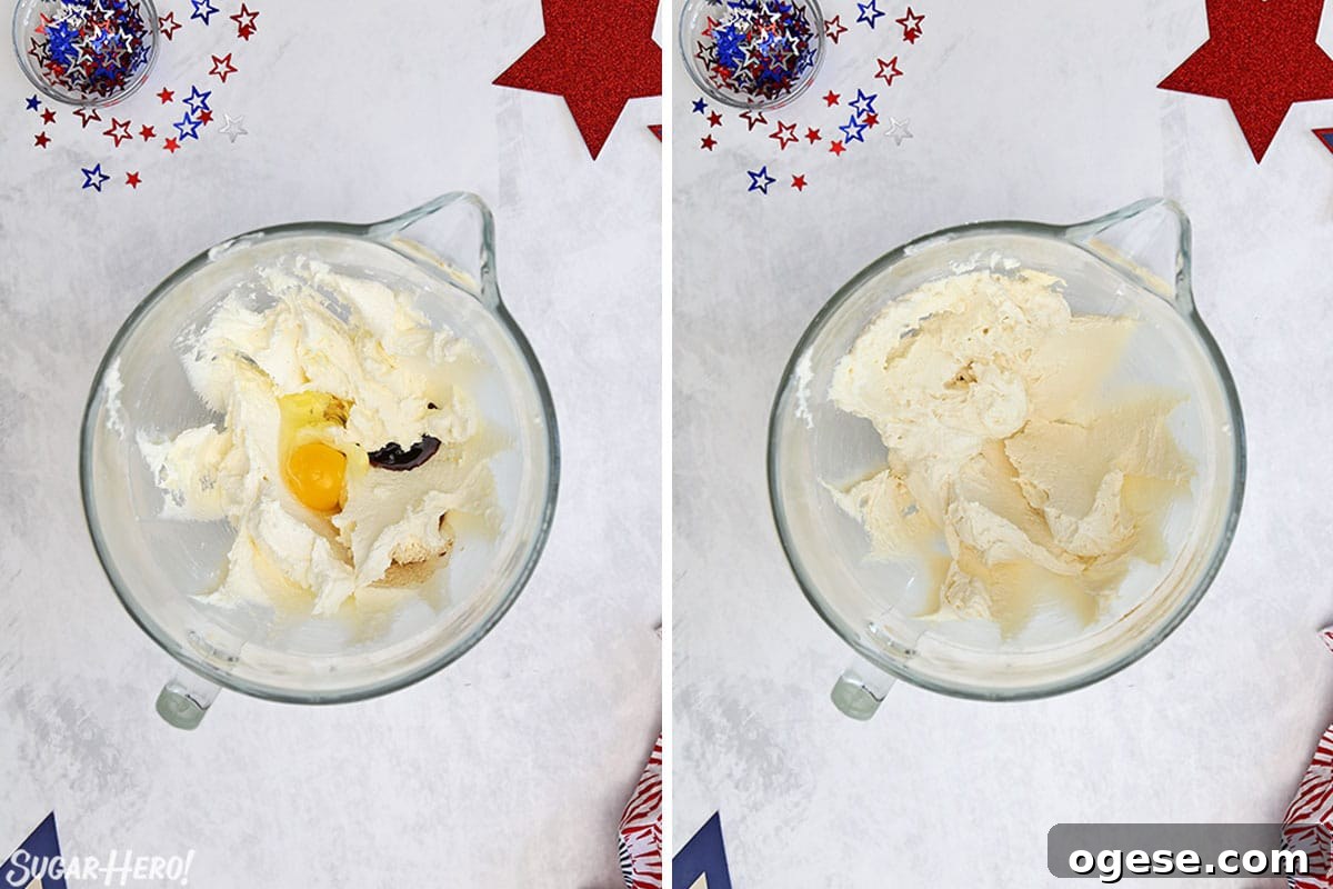 Two photo collage showing adding an egg to cookie dough.
