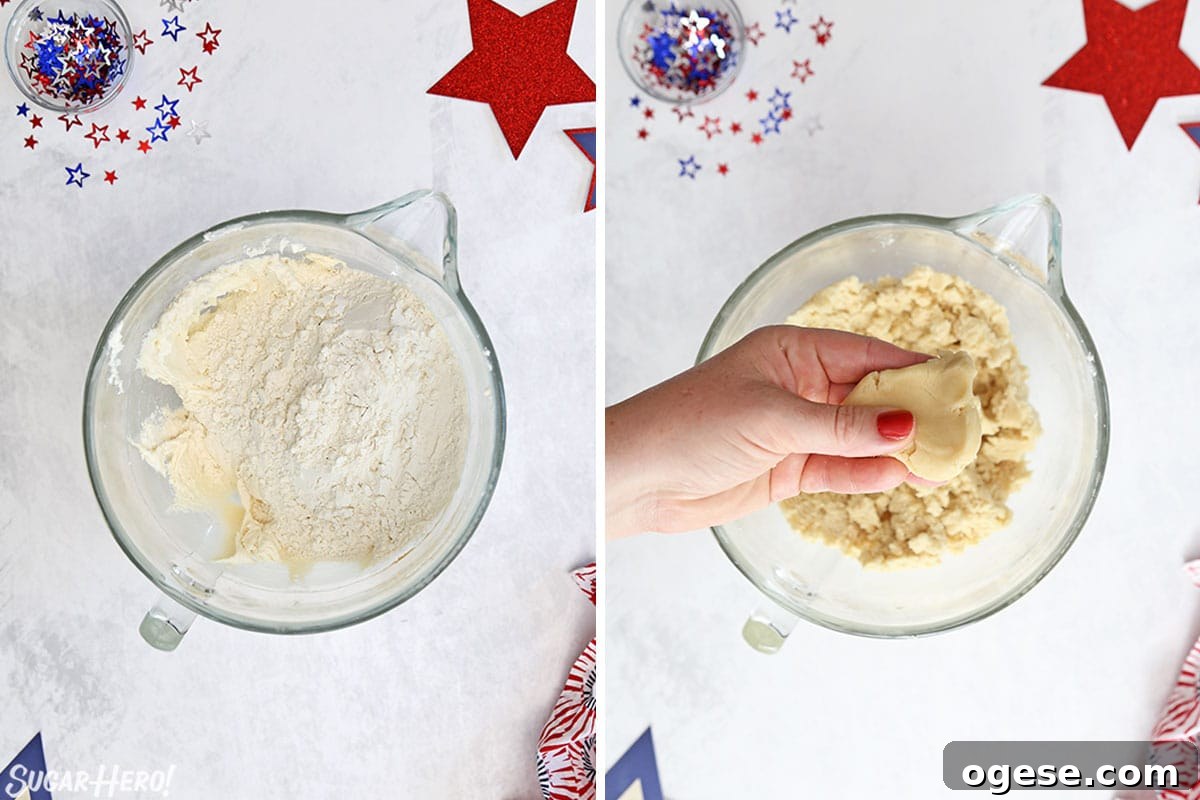 Two photo collage showing the final texture of sugar cookie dough.