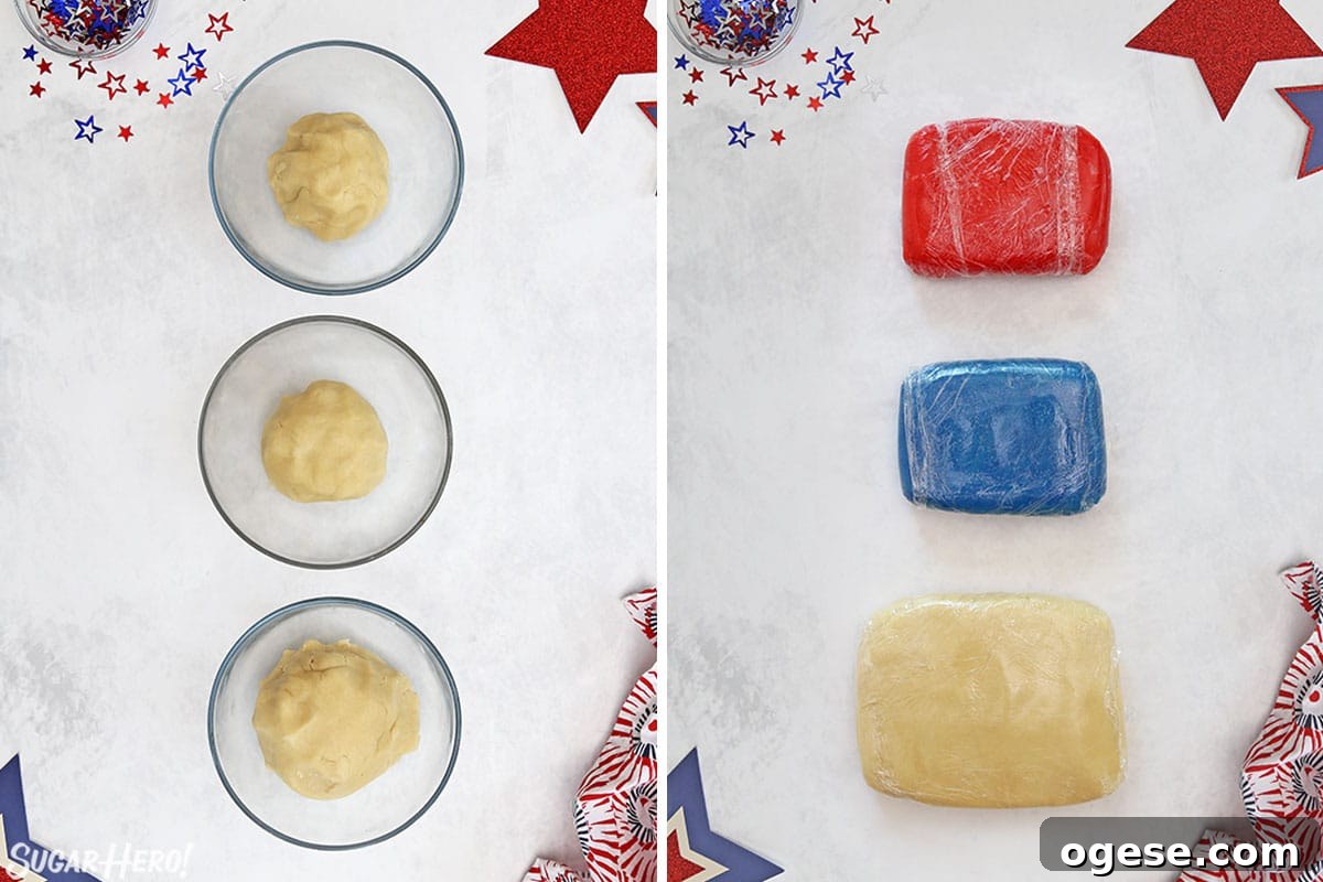 Two photo collage showing dividing and coloring sugar cookie dough.