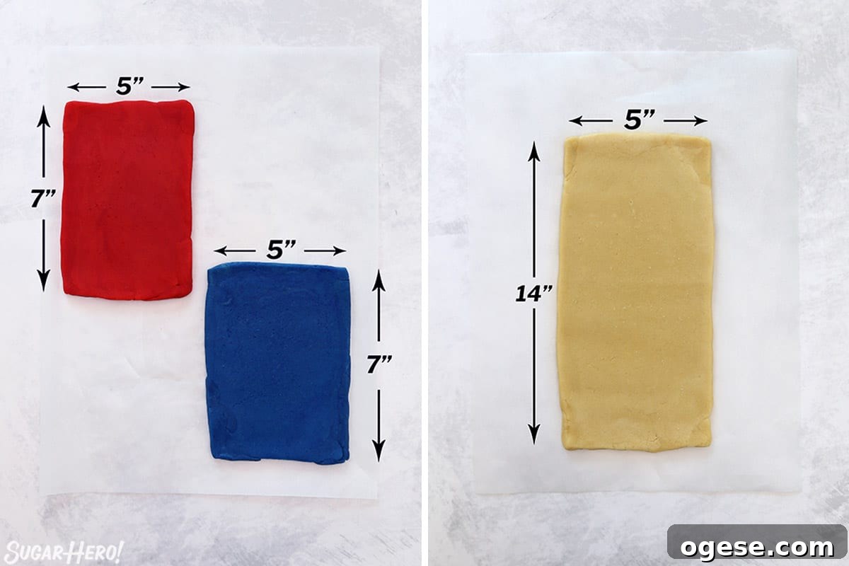 Two photo collage showing how to roll out the different colors of cookie dough.