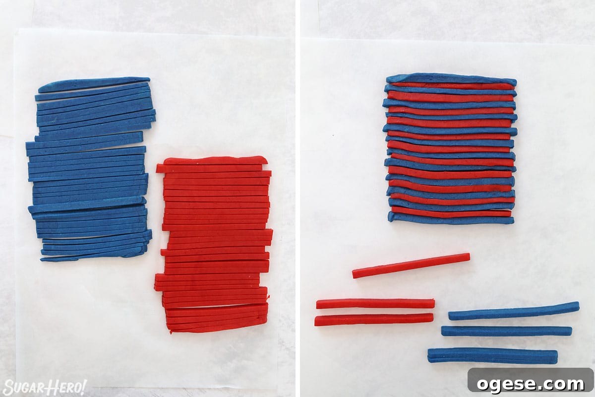 Two photo collage showing how to make striped cookie dough.