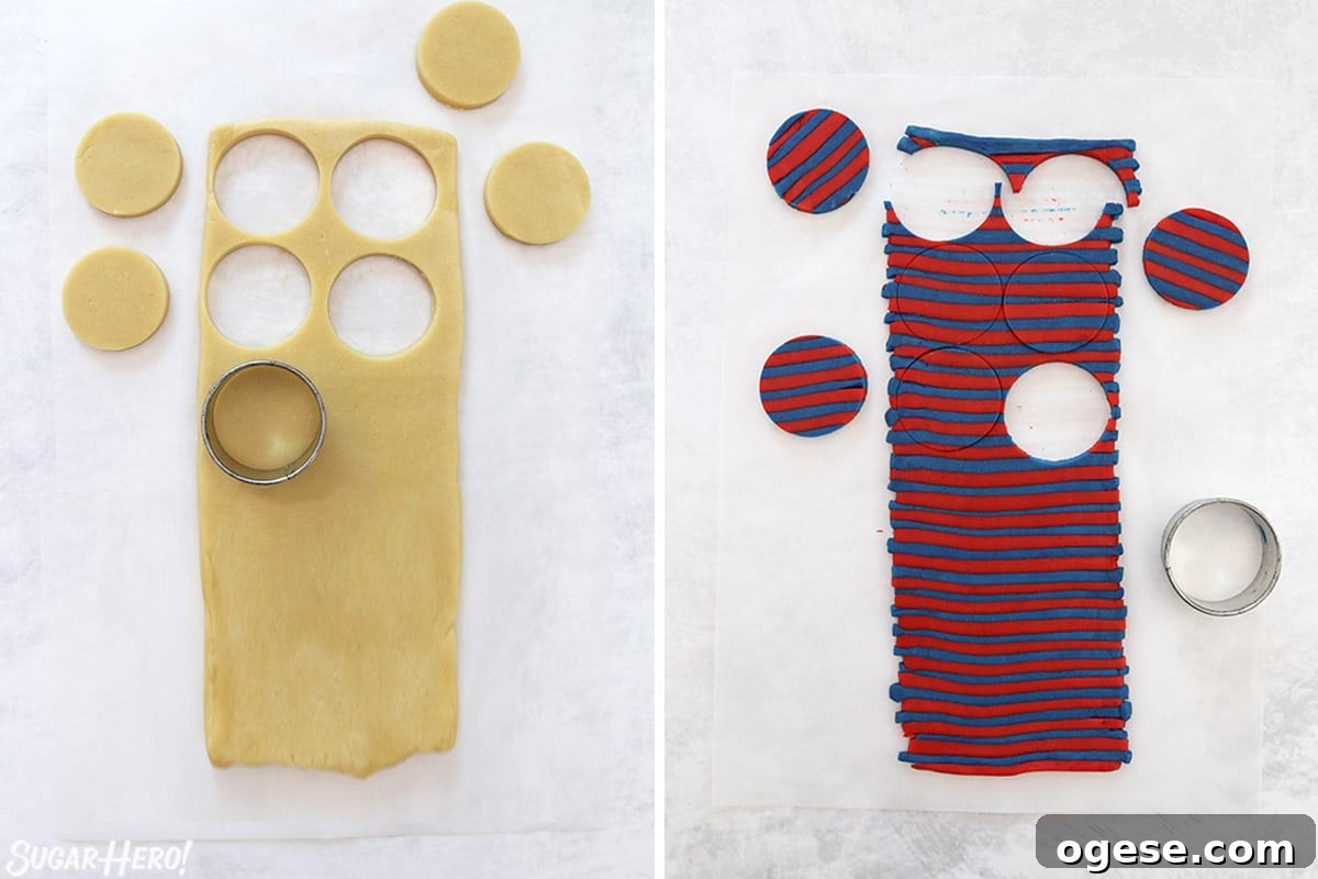 Two photo collage showing cutting circles out of striped and plain cookie dough.