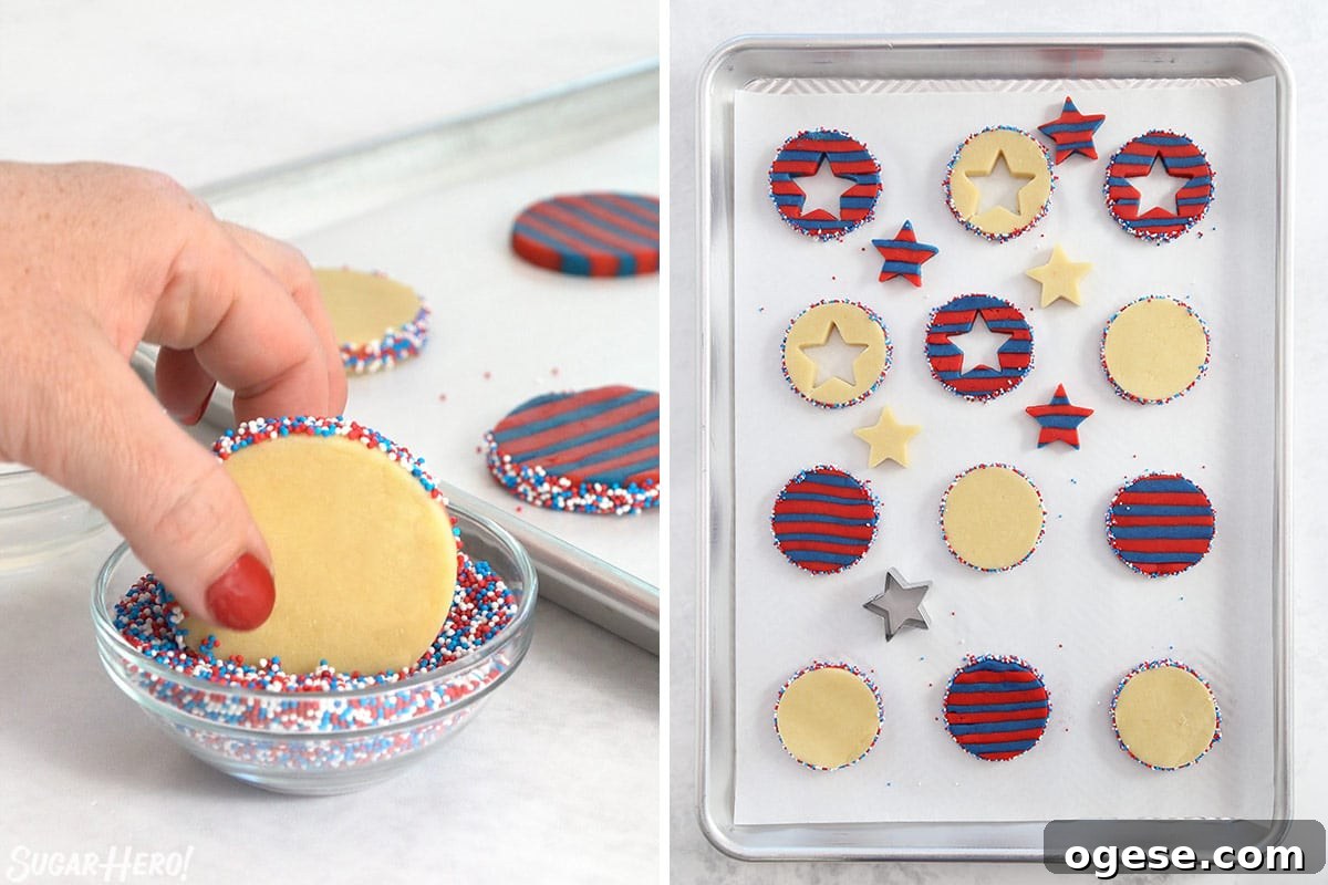 Two photo collage showing how to decorate and assemble star sugar cookies.