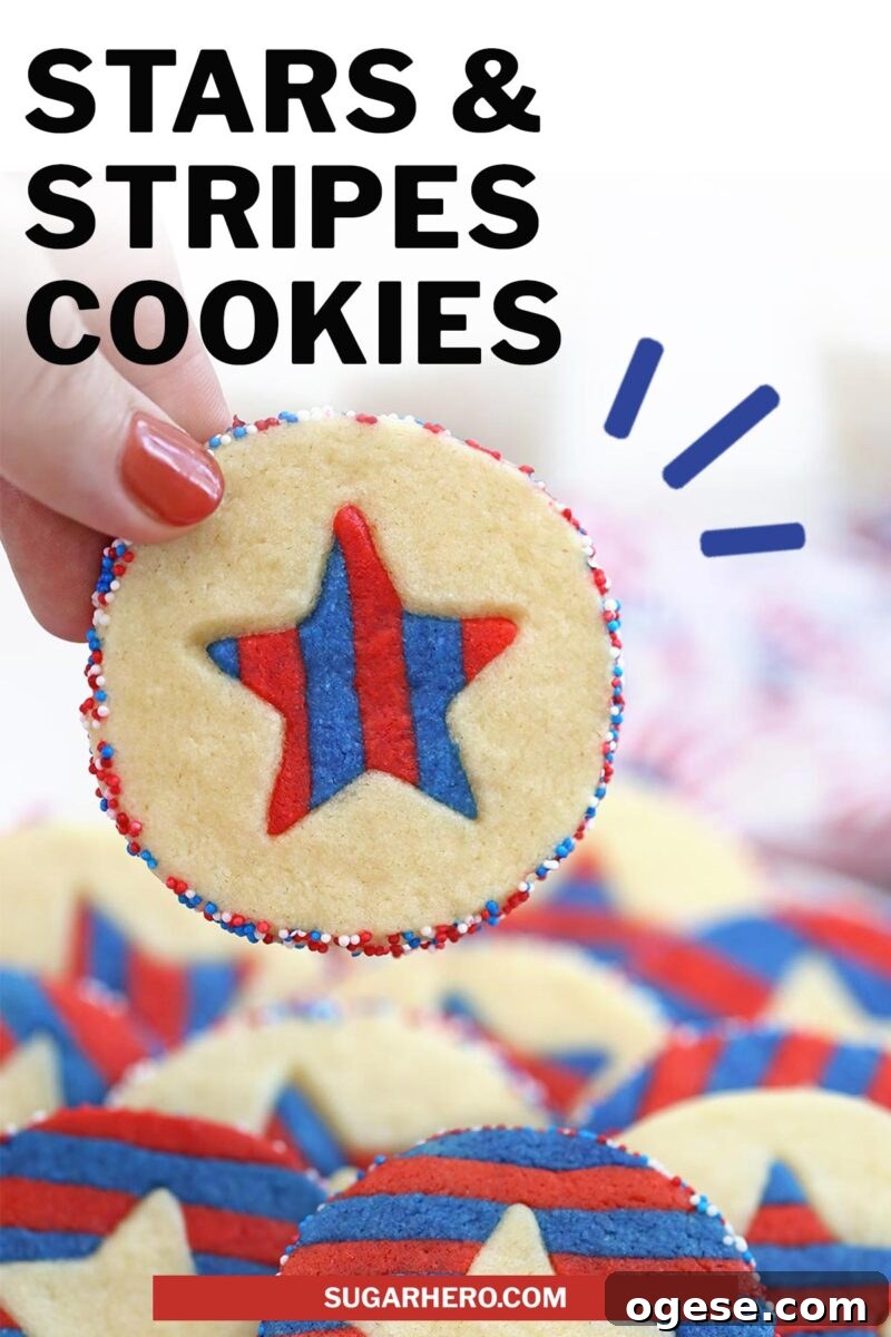 Photo of Stars and Stripes Sugar Cookies with text overlay for Pinterest.