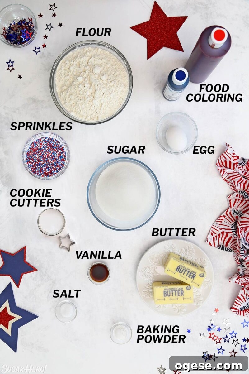 Overhead shot of ingredients needed to make Stars and Stripes Sugar Cookies.
