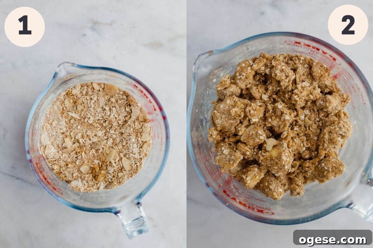 A glass jug with oats and flour, then the next step showing those dry ingredients mixed with butter.