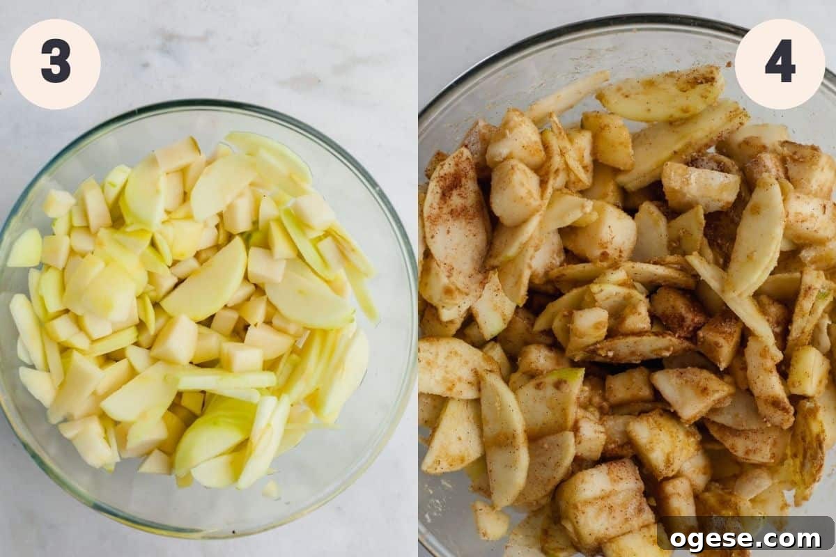 a bowl of chopped apples and pears, then an image of that bowl mixed with spices.