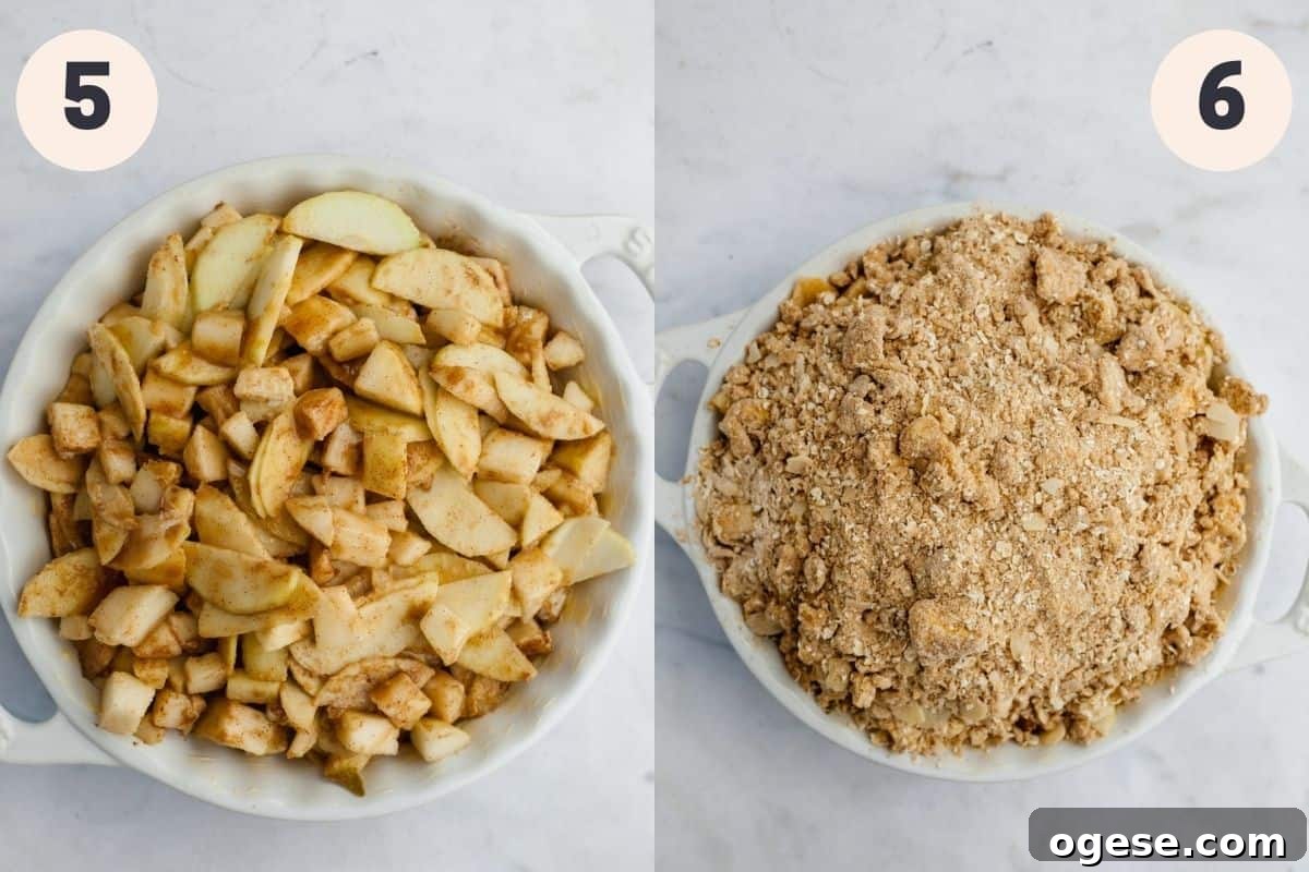 A white ceramic dish filled with pears and apples, then another image of that dish covered in an oat topping.