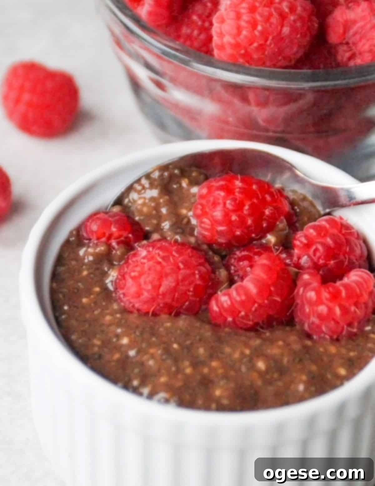 Chocolate chia pudding in a small white ramekin with a spoon and topped with fresh raspberries. One small glass bowl with fresh raspberries is behind the white ramekin.