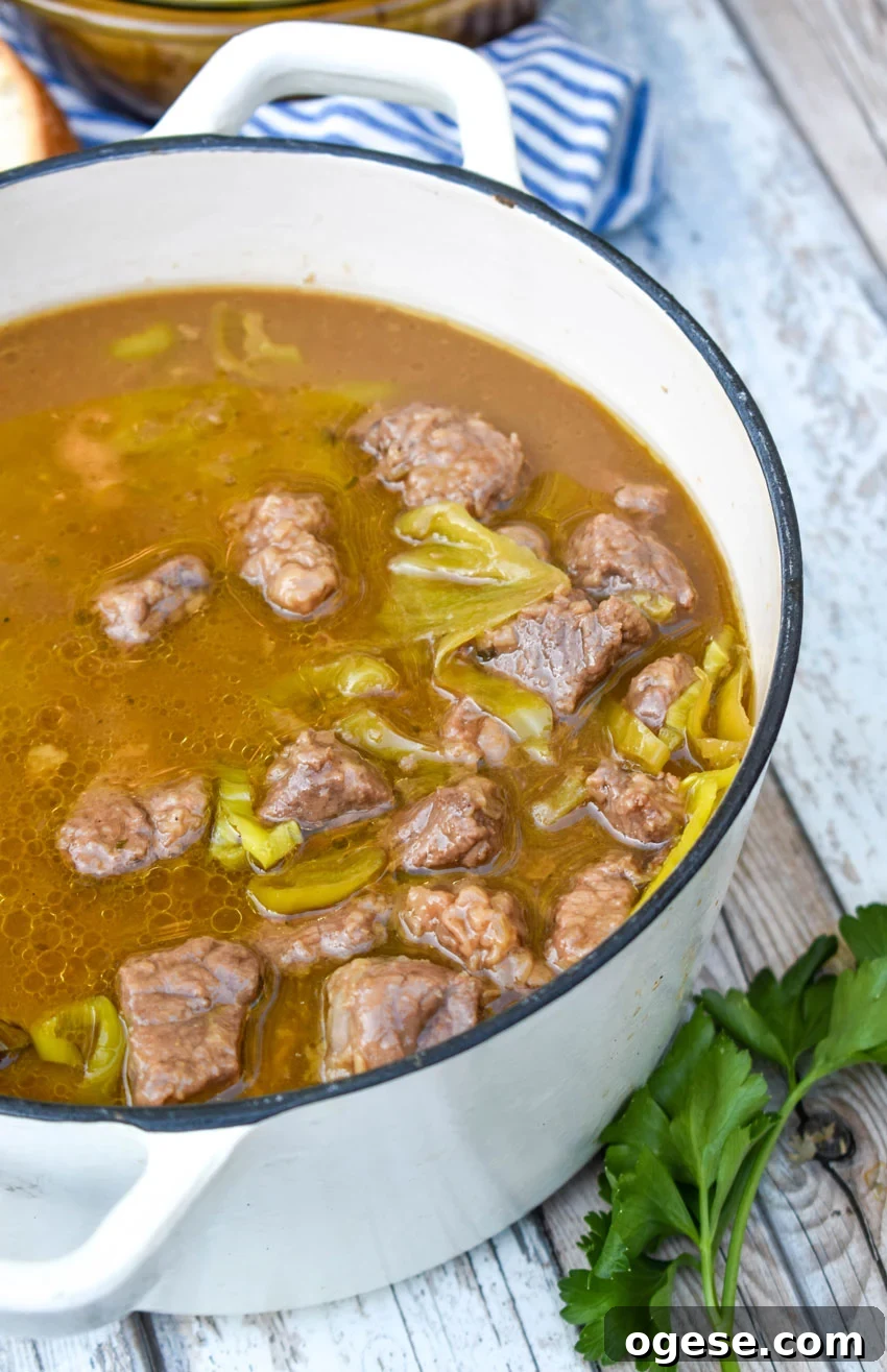 Mississippi Pot Roast Stew Recipe: Slow-Cooked Tender Beef 3 mississippi pot roast stew in a white dutch oven