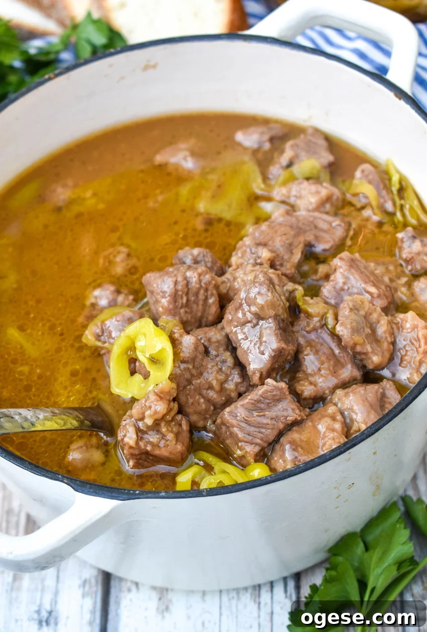 Mississippi Pot Roast Stew Recipe: Slow-Cooked Tender Beef 4 mississippi pot roast stew in a white dutch oven