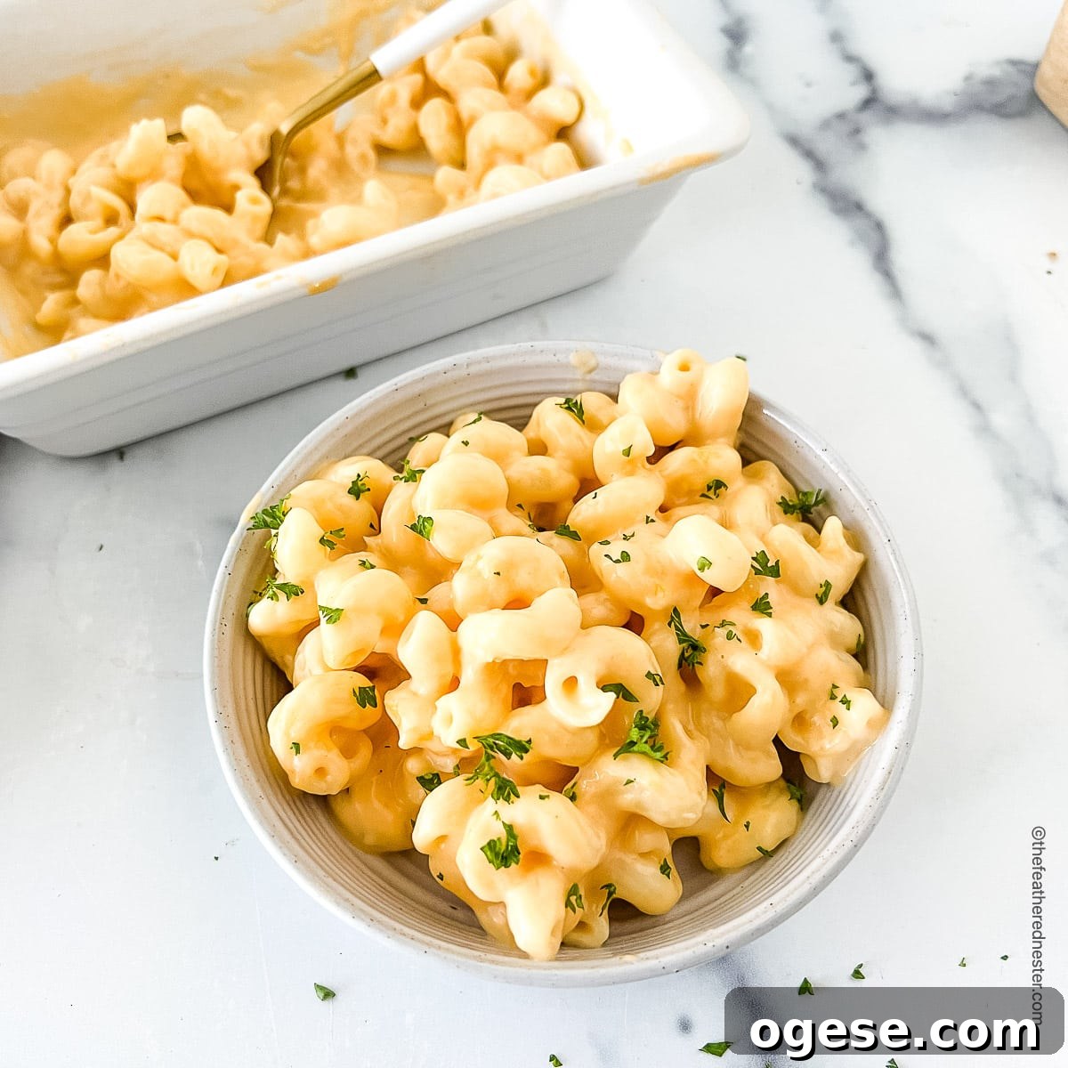 Bowl of macaroni and cheese.