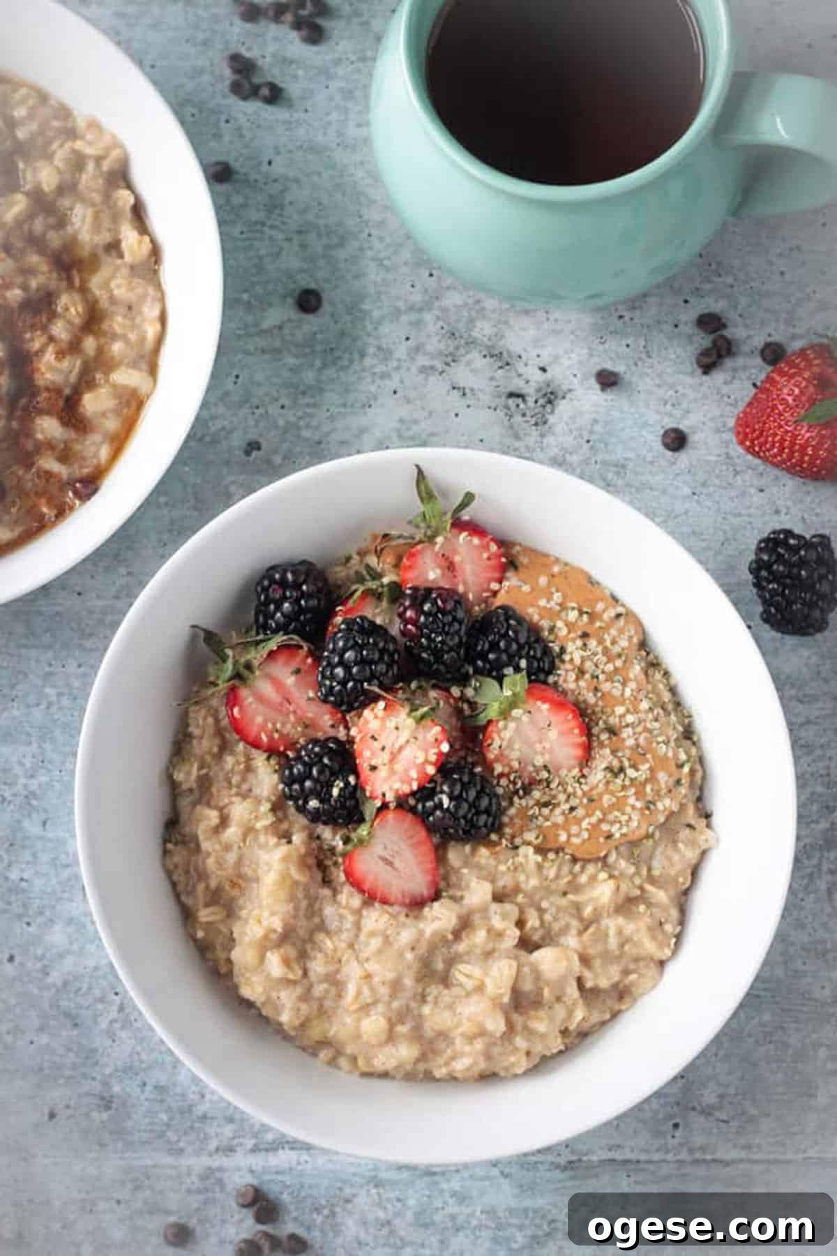 Creamy Oatmeal Recipes for Smooth, Nutritious Breakfasts 2 Overhead view of healthy oatmeal topped with berries and hemp seeds.