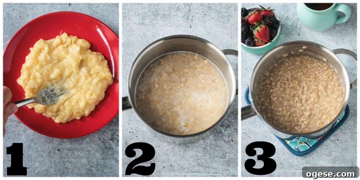 Creamy Oatmeal Recipes for Smooth, Nutritious Breakfasts 5 3 photo collage of smashing bananas and adding them to a pot with oats.