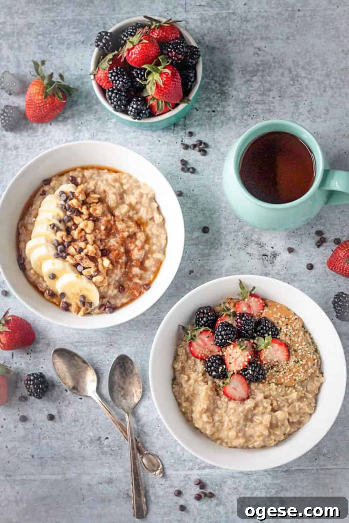 Creamy Oatmeal Recipes for Smooth, Nutritious Breakfasts 8 One peanut butter banana oatmeal bowl and one fresh berry oatmeal bowl.