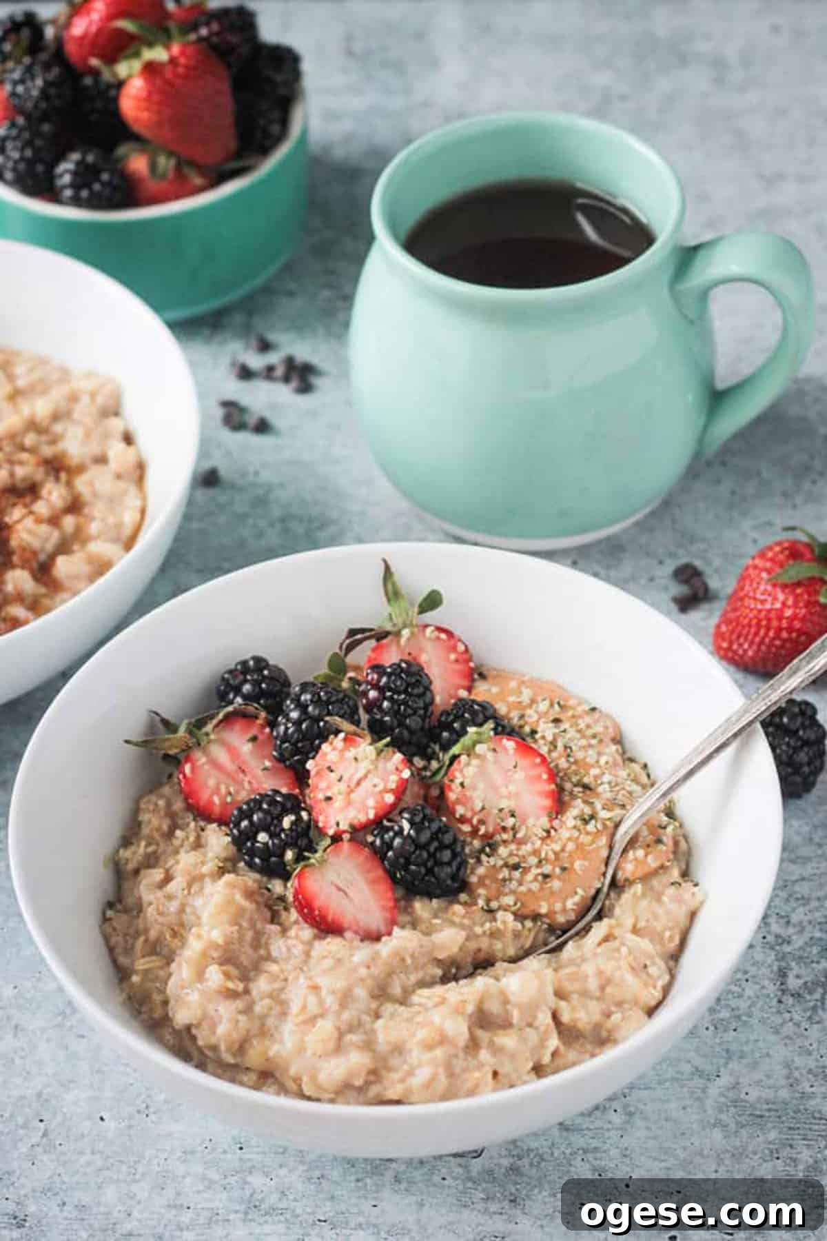 Creamy Oatmeal Recipes for Smooth, Nutritious Breakfasts 9 Spoon in a bowl of creamy oats with fresh berries and hemp seeds.
