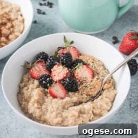 Creamy Oatmeal Recipes for Smooth, Nutritious Breakfasts 10 Spoon in a bowl of creamy oats with fresh berries and hemp seeds.