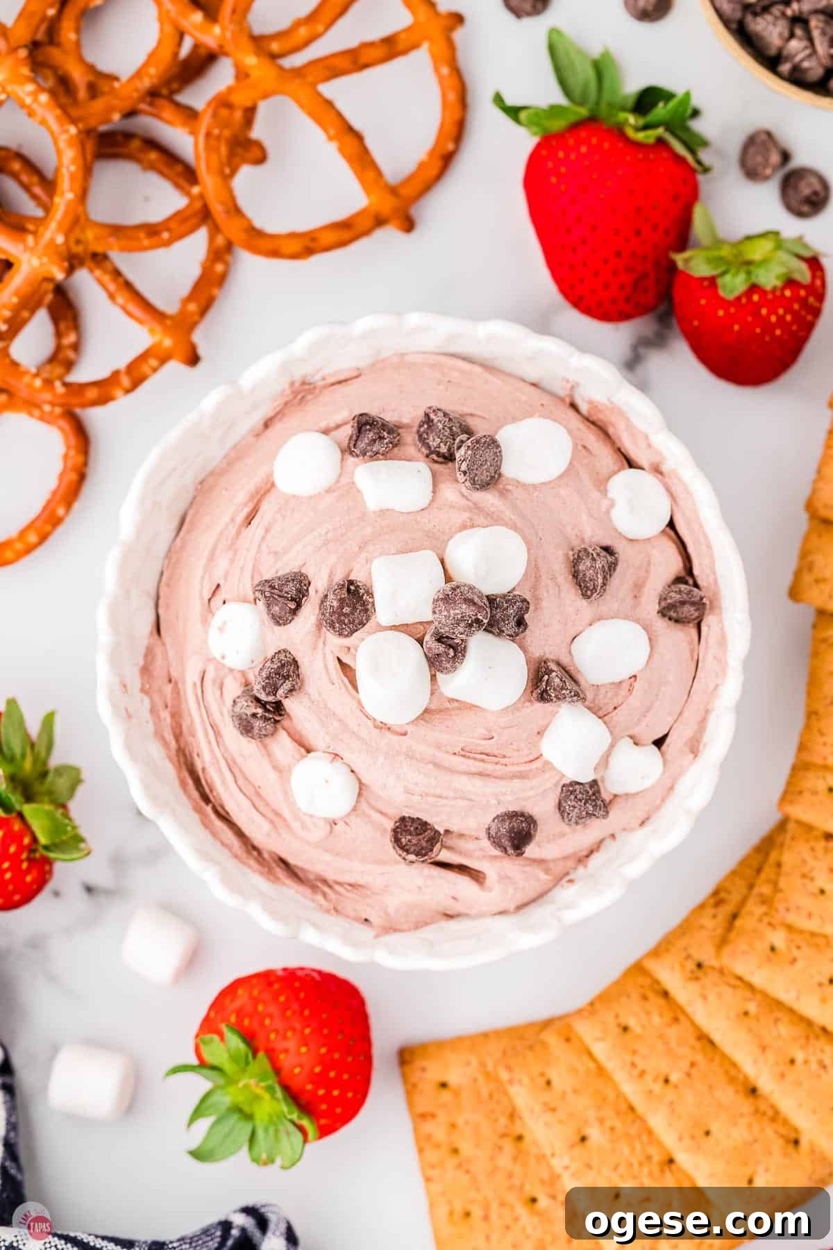 Hot Cocoa Dip Recipe for Dipping Cookies and Fruit 2 overhead picture of bowl of hot cocoa dip surrounded by strawberries