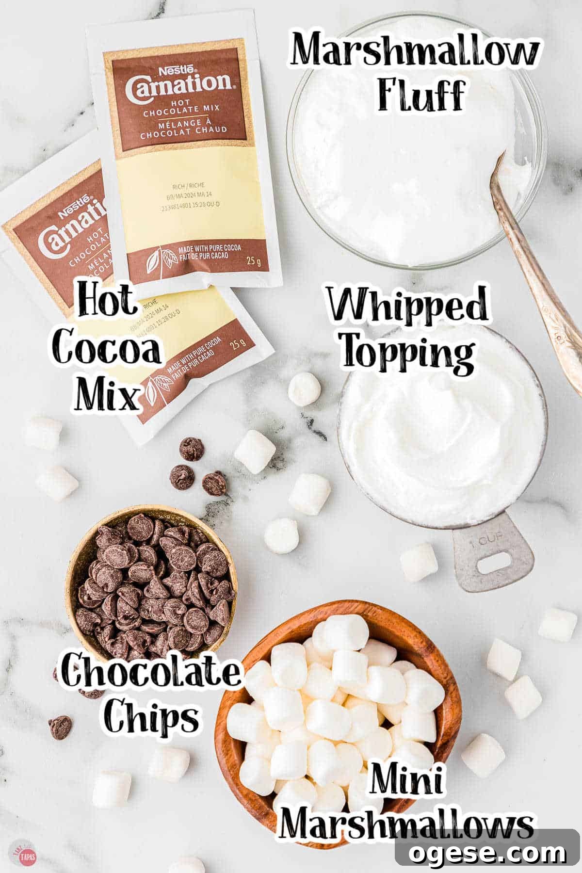 Hot Cocoa Dip Recipe for Dipping Cookies and Fruit 3 labeled picture of hot cocoa dip ingredients in a bowl