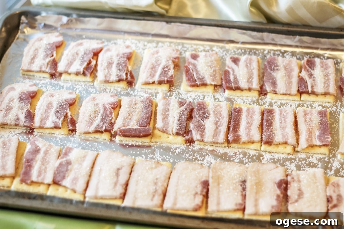 Brown Sugar Bacon Crackers Recipe: Sweet & Savory Snack Ideas 5 bacon crackers on baking sheet
