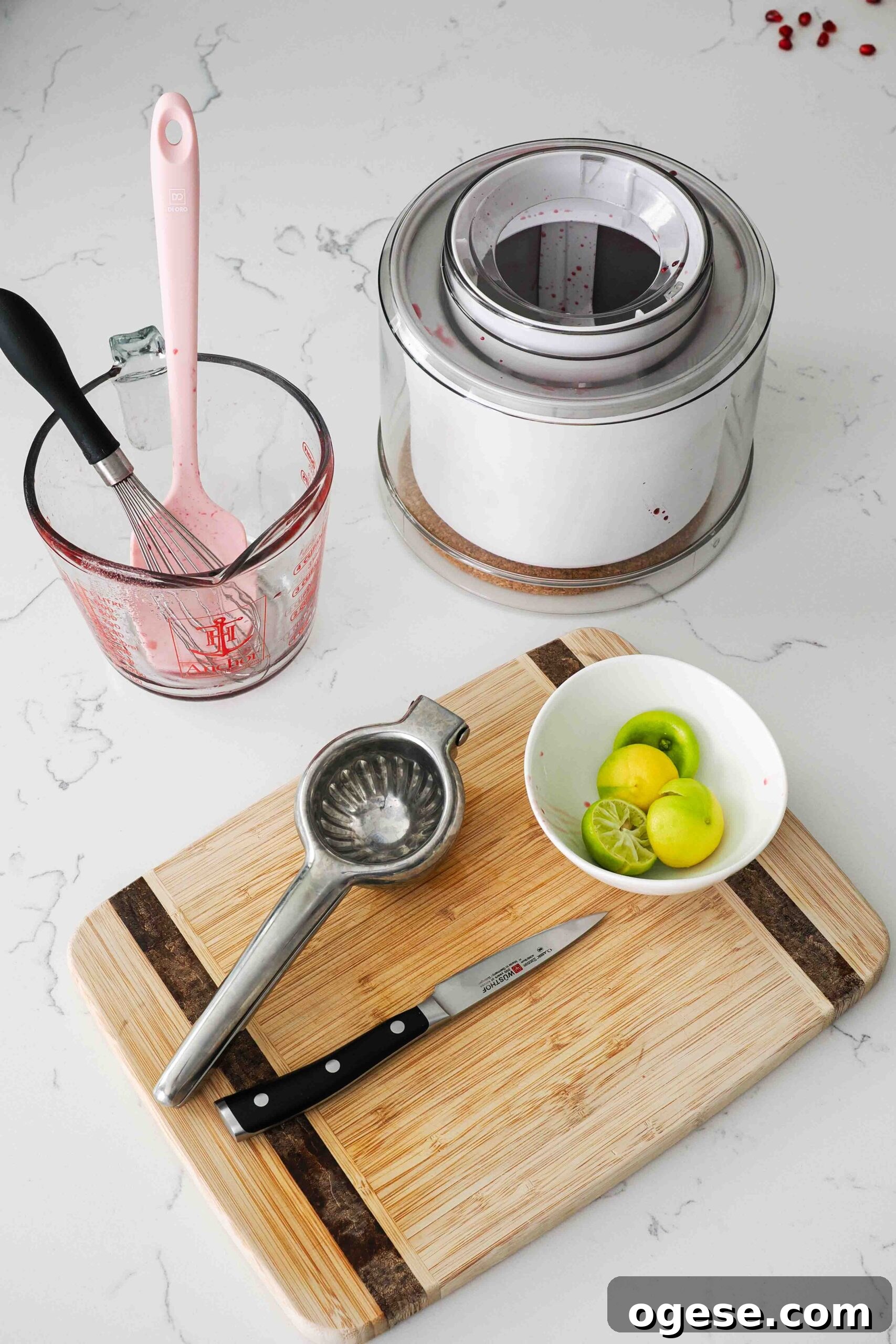 Dishes used to make pomegranate sorbet.