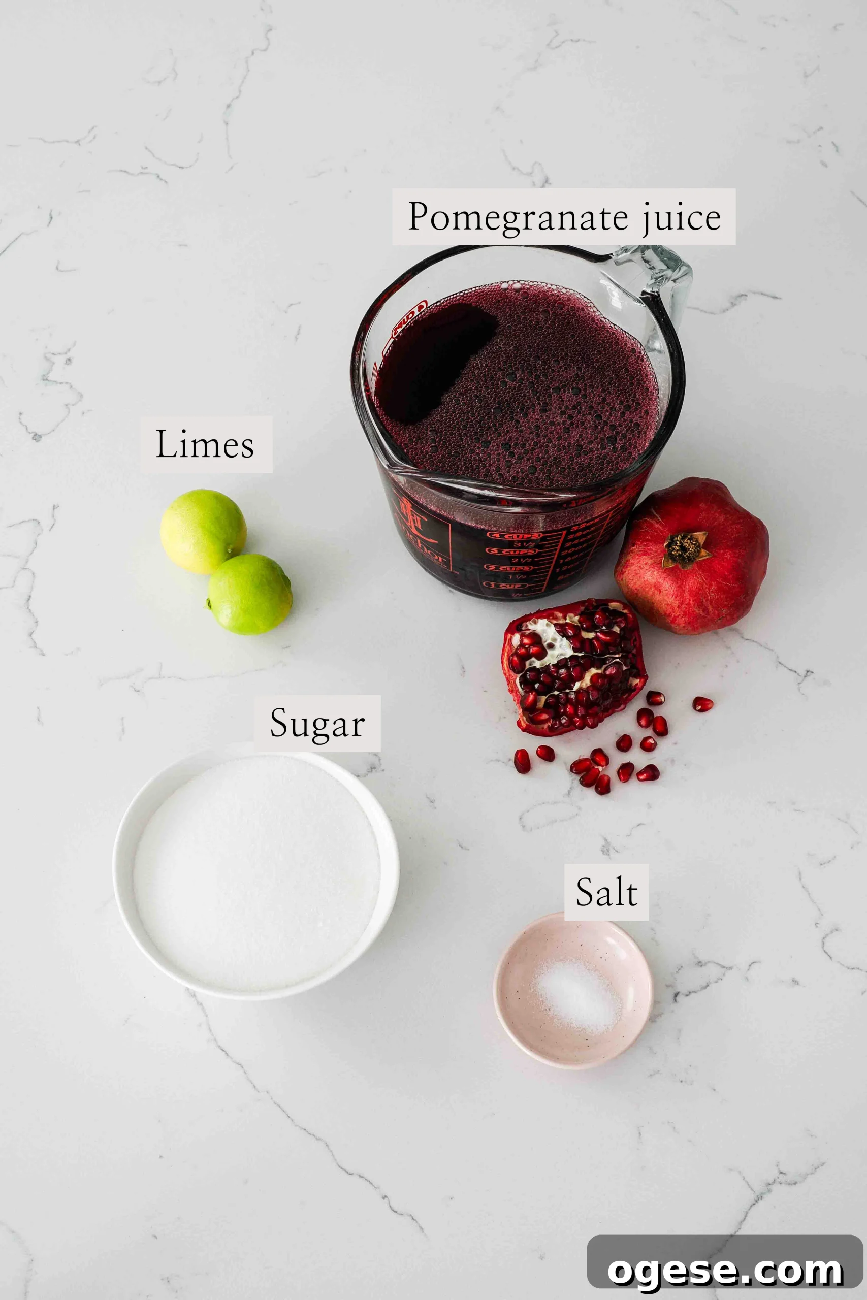 Ingredients for pomegranate sorbet on a kitchen counter.