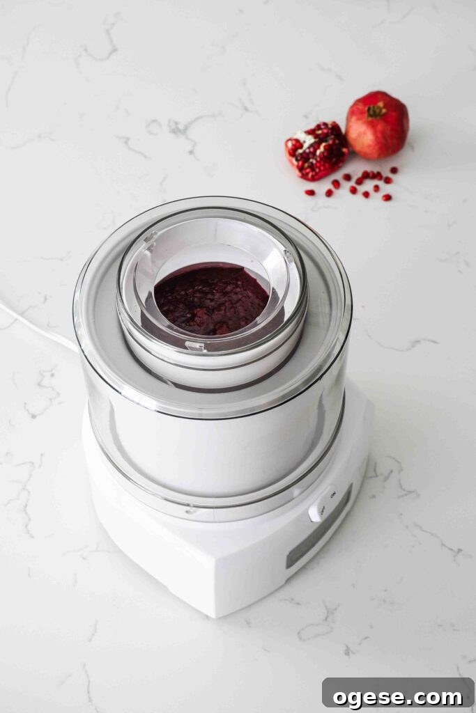 Partially frozen pomegranate sorbet in an ice cream maker.